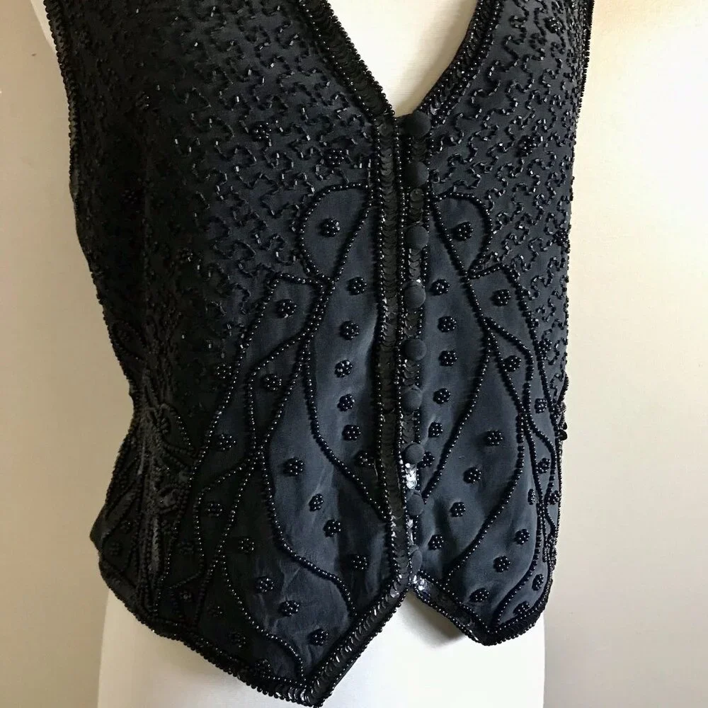 Vintage 90s Spencer Jeremy Black Beaded Sequin Silk Vest - Size M - Picture 4 of 8